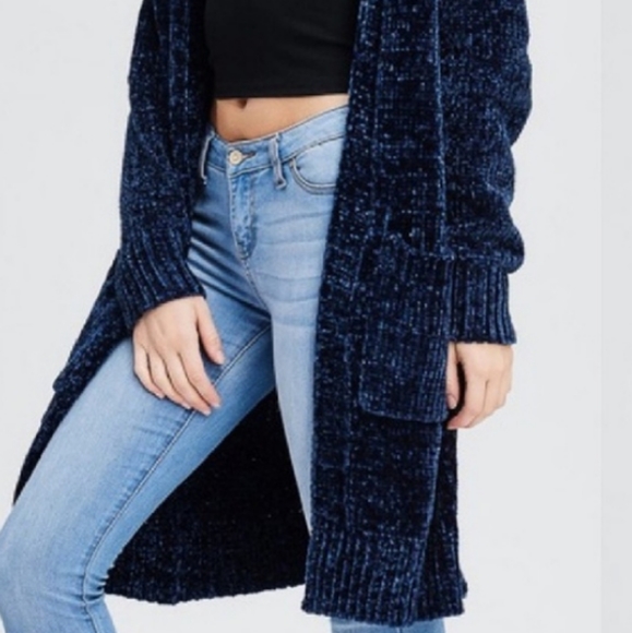 EMORY Chenille Long Line Cardigan Midnight Blue - Picture 5 of 10